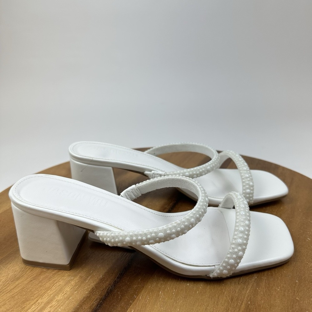 New NWT Womens Jason Wu White Pearl Faux Leather Slip On Heels Sandals Size 10 M